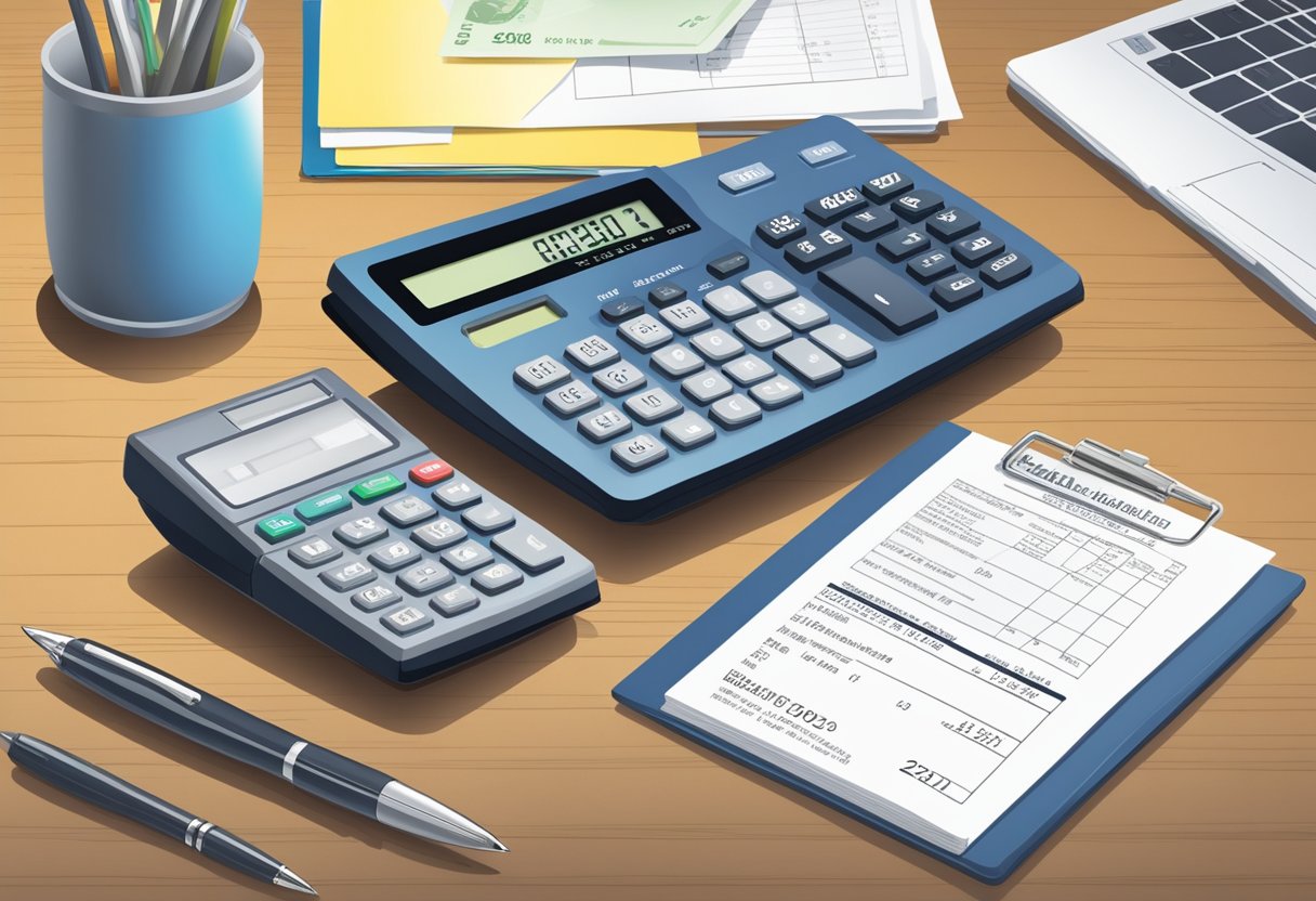 A desk with a calculator, pen, and pay slip. Pay slip reads "Belasting en Loonheffing Overzicht 2600 bruto naar netto."