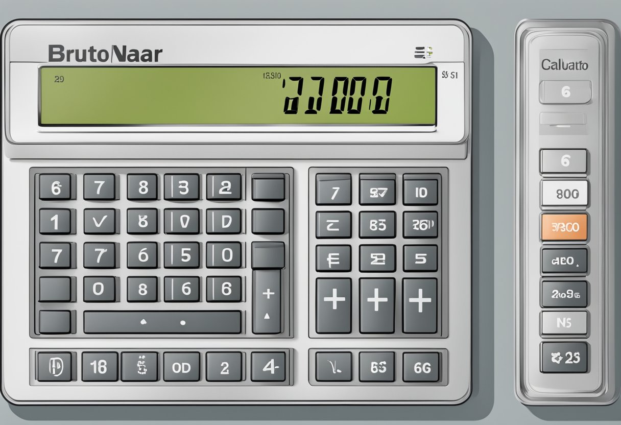 A calculator with "Bruto Naar Netto" on the display, showing the conversion of 6000 bruto to netto