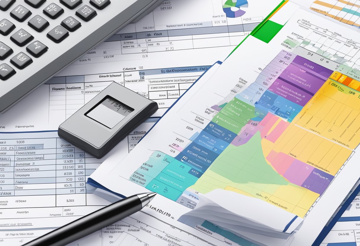 A payslip with the gross and net income figures highlighted, surrounded by various financial documents and a calculator