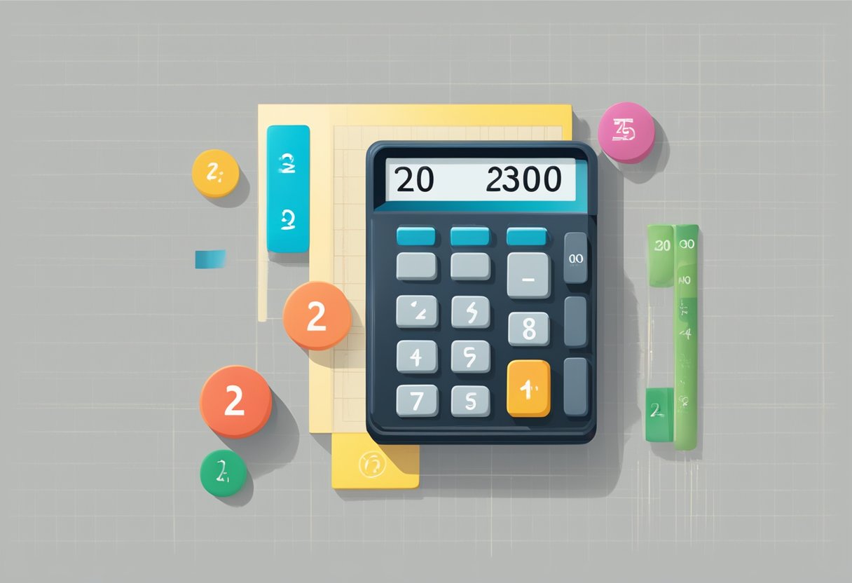 A calculator with the numbers "2000" and "bruto" on the screen, and an arrow pointing to the numbers "netto" with a smaller number underneath