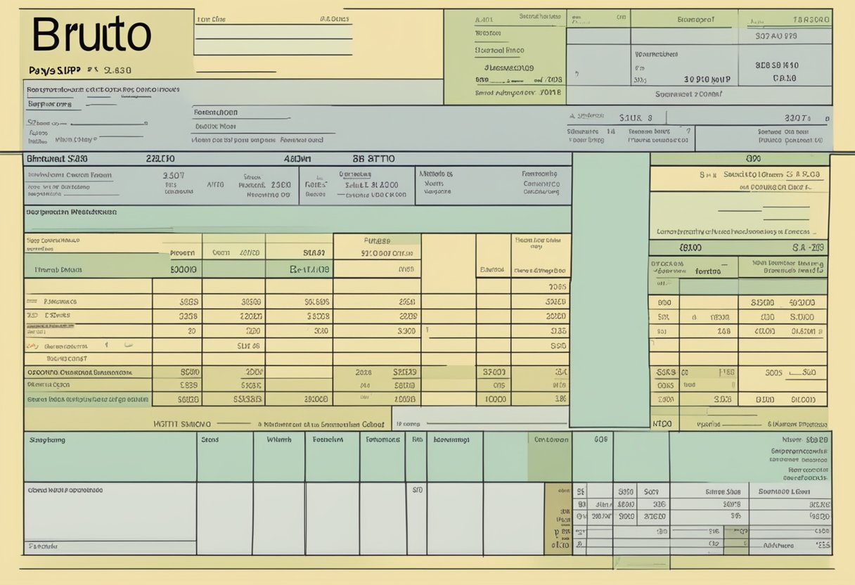 A payslip with "bruto" and "netto" sections, with the amount of 2300 written in the "bruto" section and a lower amount in the "netto" section