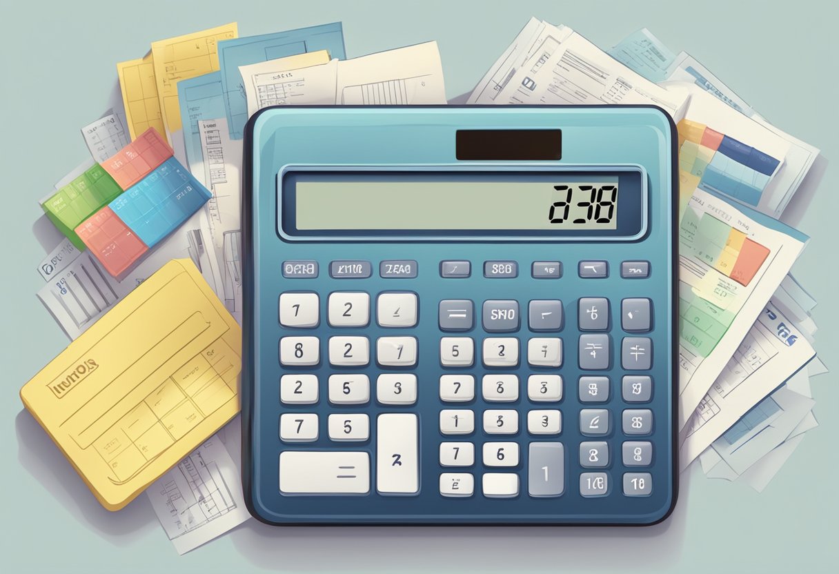 A calculator with the numbers "2300" and "bruto" and "netto" displayed, surrounded by financial documents and charts