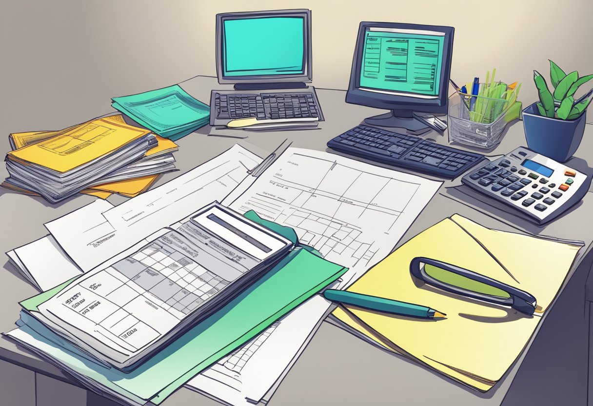 An office desk with a computer, calculator, and paperwork. A pay stub showing a gross income of 3600, with calculations for net pay and personal contributions