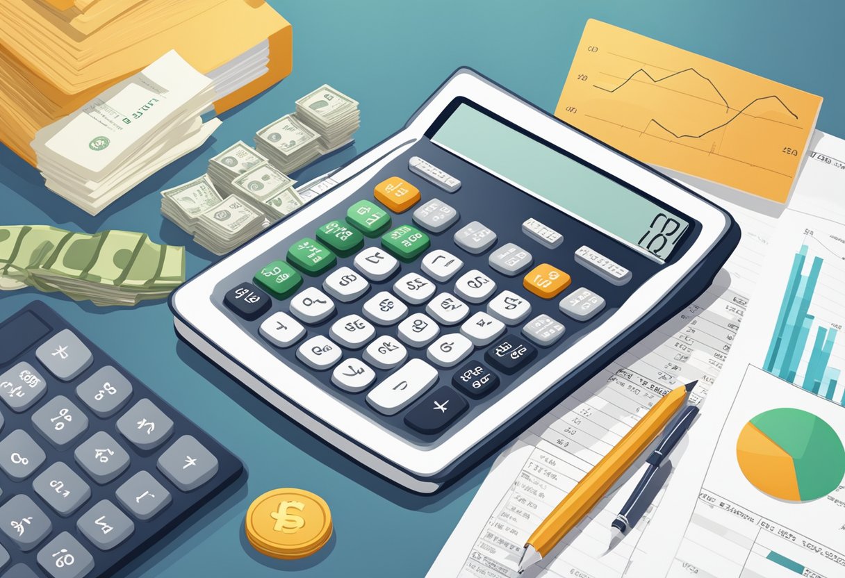 A calculator displaying the conversion from a gross salary of 2200 to the net amount, surrounded by financial documents and charts