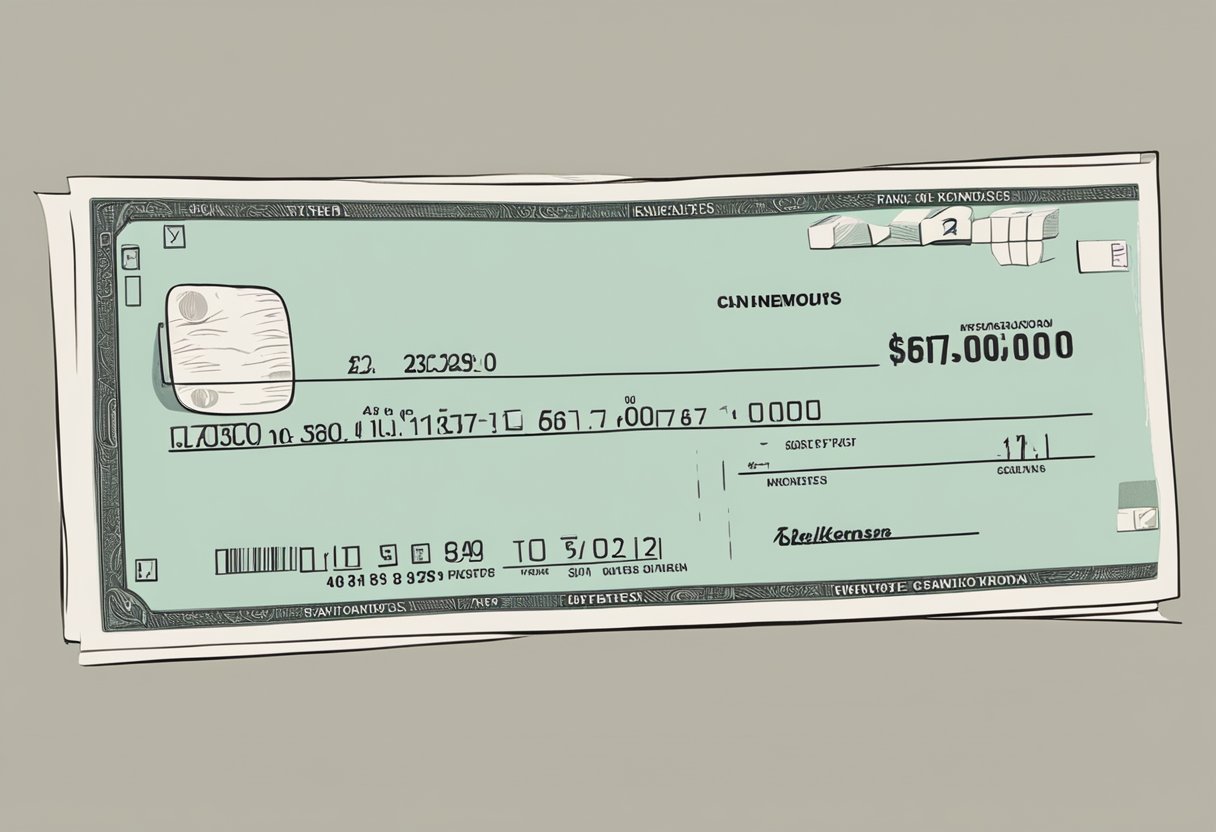 A paycheck being handed over, with numbers and calculations showing the gross and net amounts