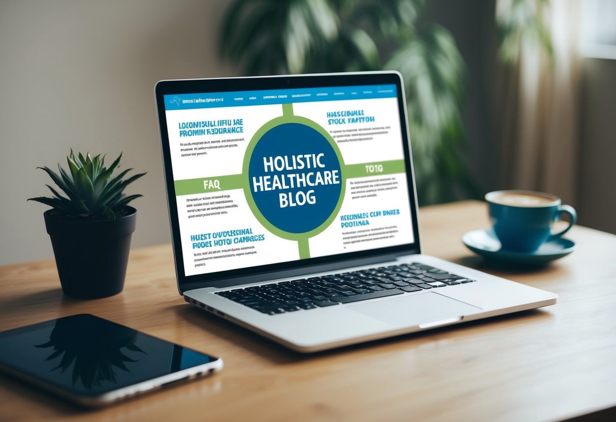 A laptop with a holistic healthcare blog open, showing a clear and organized heading structure. Various FAQ topics are highlighted and easily navigable