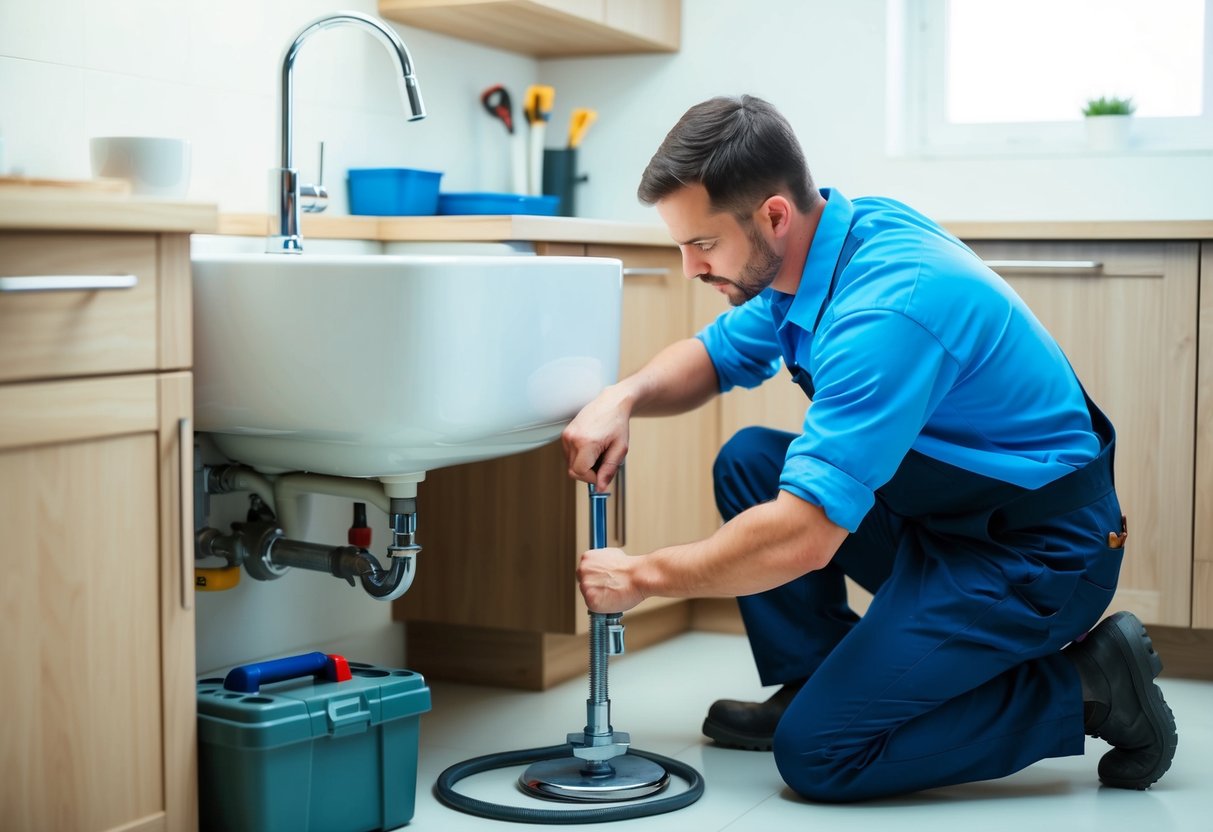 A plumber kneeling next to a sink, fixing a leak with a wrench and a toolbox nearby