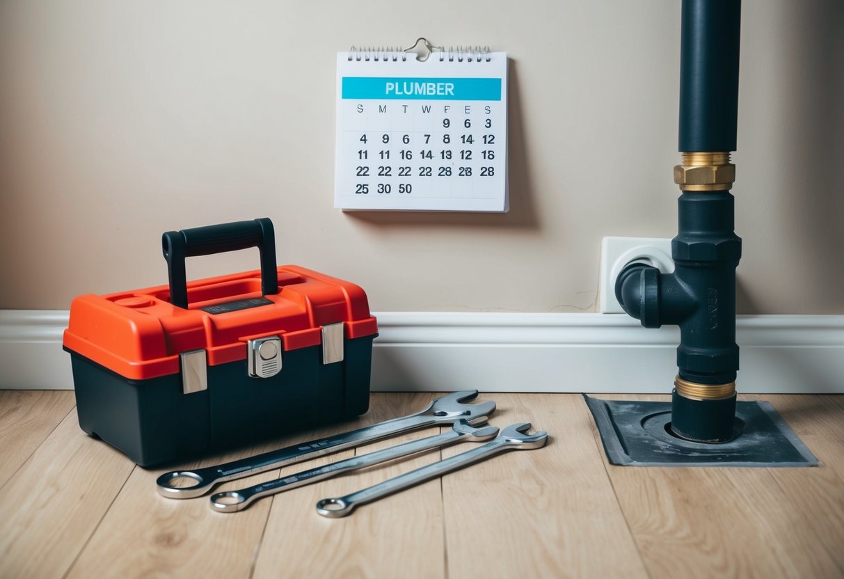 A toolbox and wrenches lay ready on the floor near a leaking pipe. A calendar on the wall marks the day for the plumber's visit