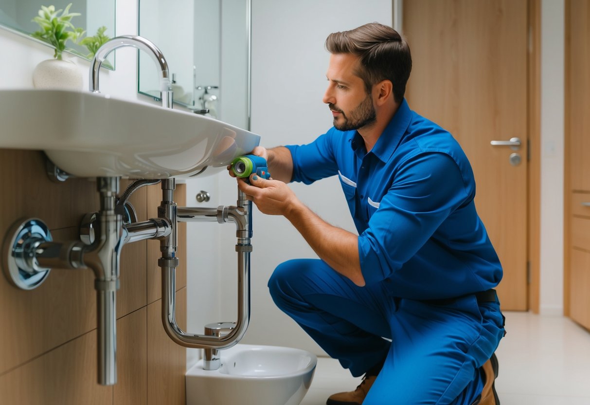 A plumber installs eco-friendly plumbing fixtures in a modern bathroom