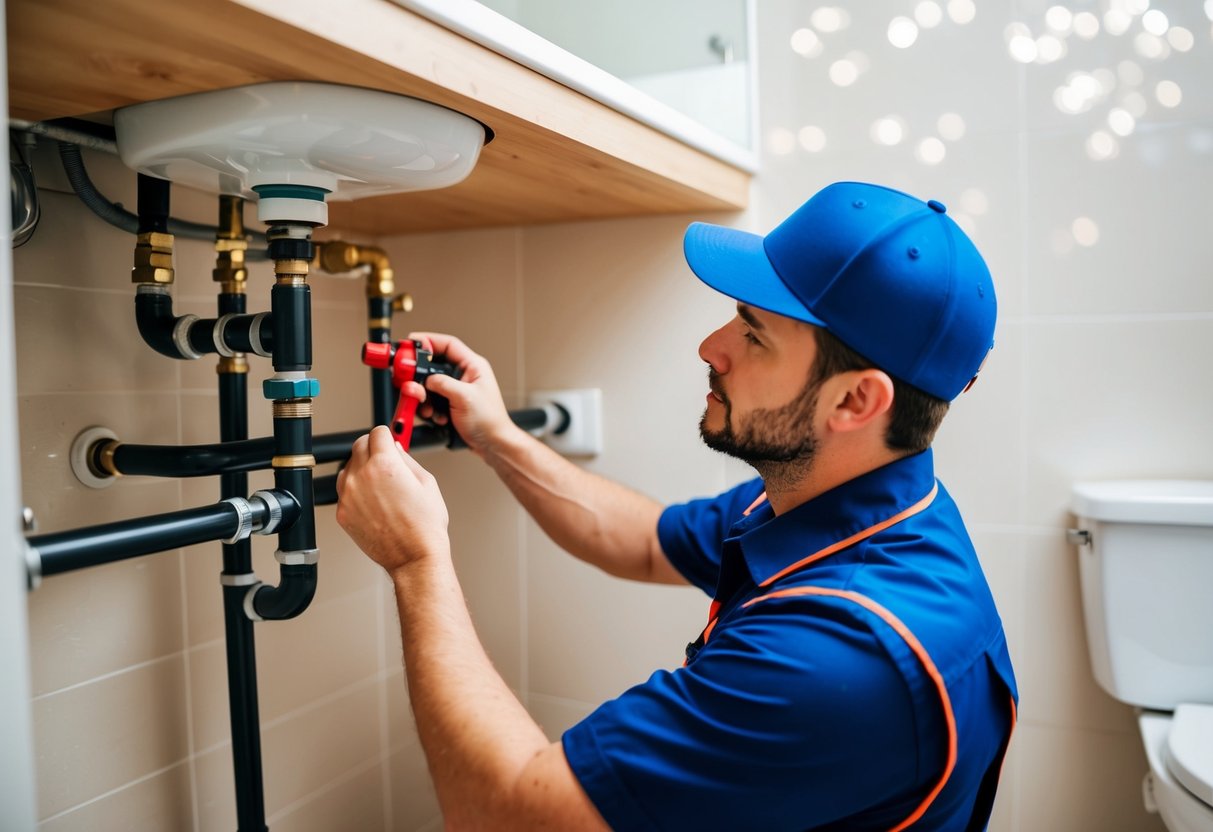 A plumber inspecting and repairing pipes and fixtures in a residential bathroom