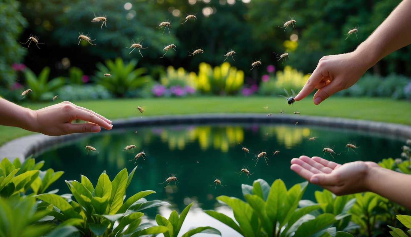 A serene evening garden with lush greenery and a calm pond, surrounded by buzzing mosquitoes and a few swatting hands