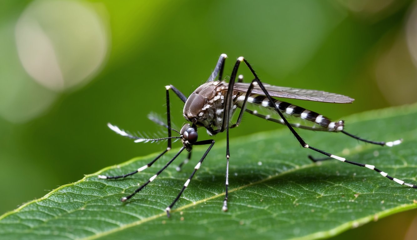 A close-up of a mosquito resting on a leaf, with detailed focus on its body and wings. The background could include other elements related to the biology of mosquitoes