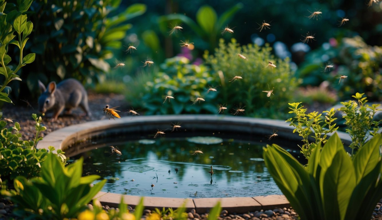 A serene evening garden with buzzing mosquitoes and a human-made pond. Surrounding plants and animals coexist in harmony