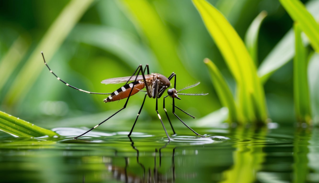 A mosquito hovers over a stagnant pool of water, surrounded by lush green vegetation. Its long proboscis is extended, ready to feed