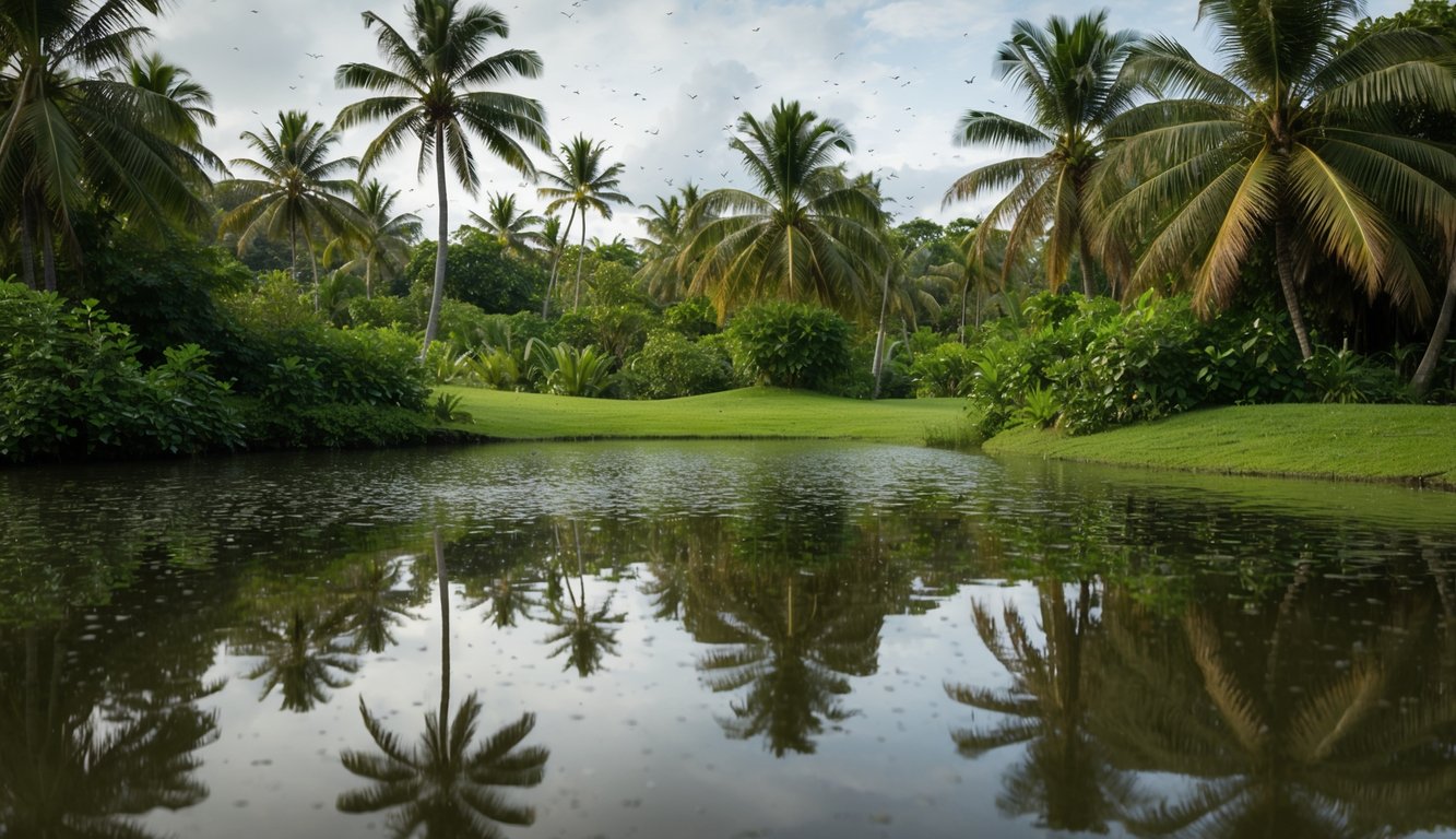 A lush, tropical landscape with palm trees and still water. Mosquitoes buzz around, while a sense of unease and discomfort permeates the scene