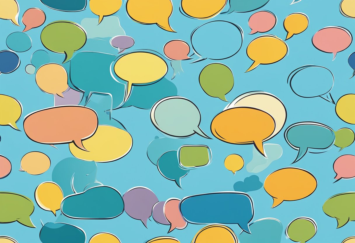 A group of interconnected speech bubbles floating in a clear blue sky, symbolizing communication and connection