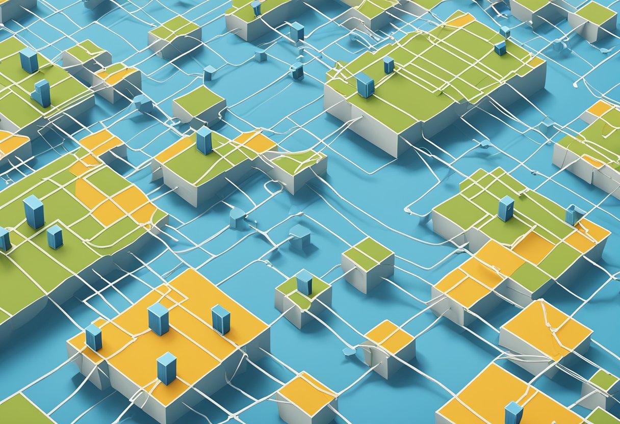 The Bluesky social network's protocol function is depicted through a series of interconnected nodes and data packets flowing seamlessly across a digital landscape