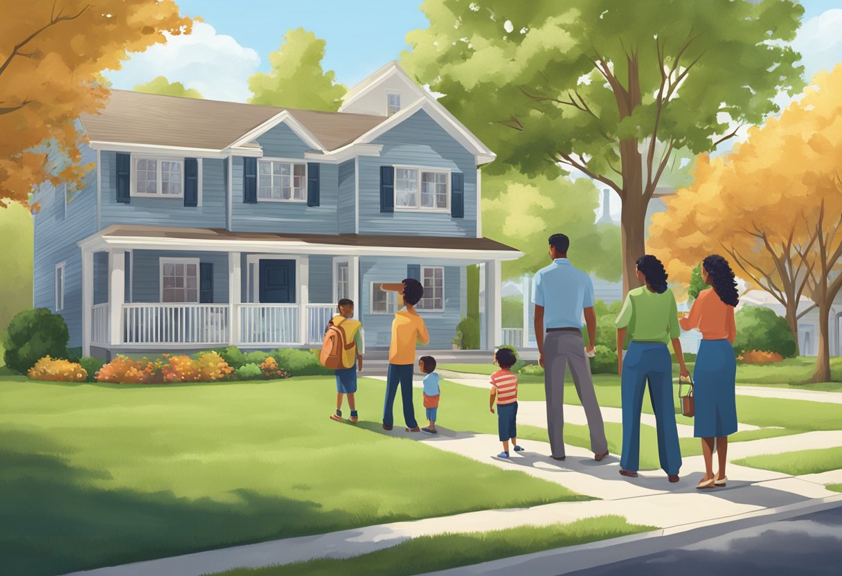 A family stands in front of a suburban home, a "For Sale" sign in the yard. A real estate agent explains FHA loan requirements to them