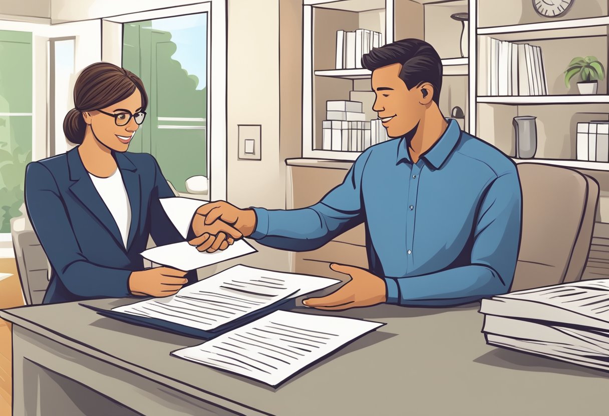 A real estate agent handing over a list of closing costs and fees to a homebuyer. The agent explains FHA loan requirements