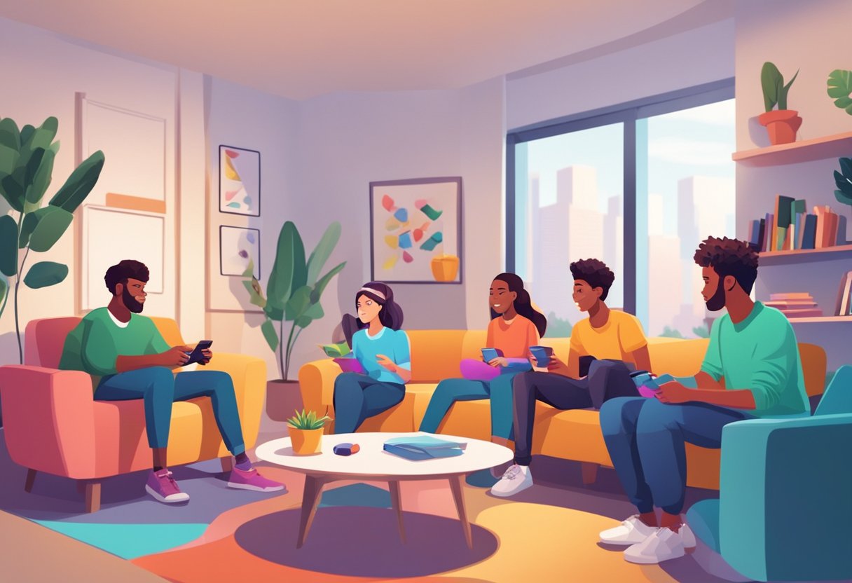 A group of young people engage in a lively discussion while playing educational video games in a modern, well-lit room with comfortable seating and colorful decor