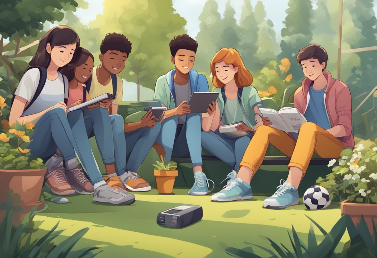 A group of young people engaging in various outdoor activities, such as sports, gardening, and reading, while a video game console sits untouched in the background