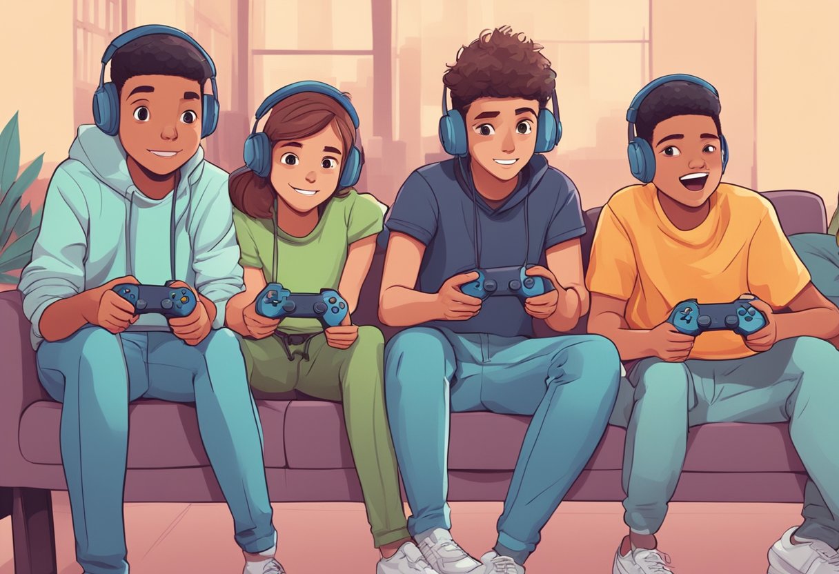 A group of teenagers playing video games, reacting quickly and coordinating their movements with the game's actions