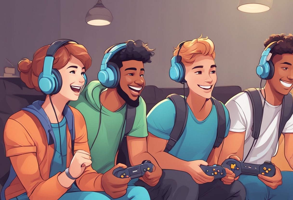 A group of young people playing a video game together, smiling and laughing while engaging in positive and friendly competition