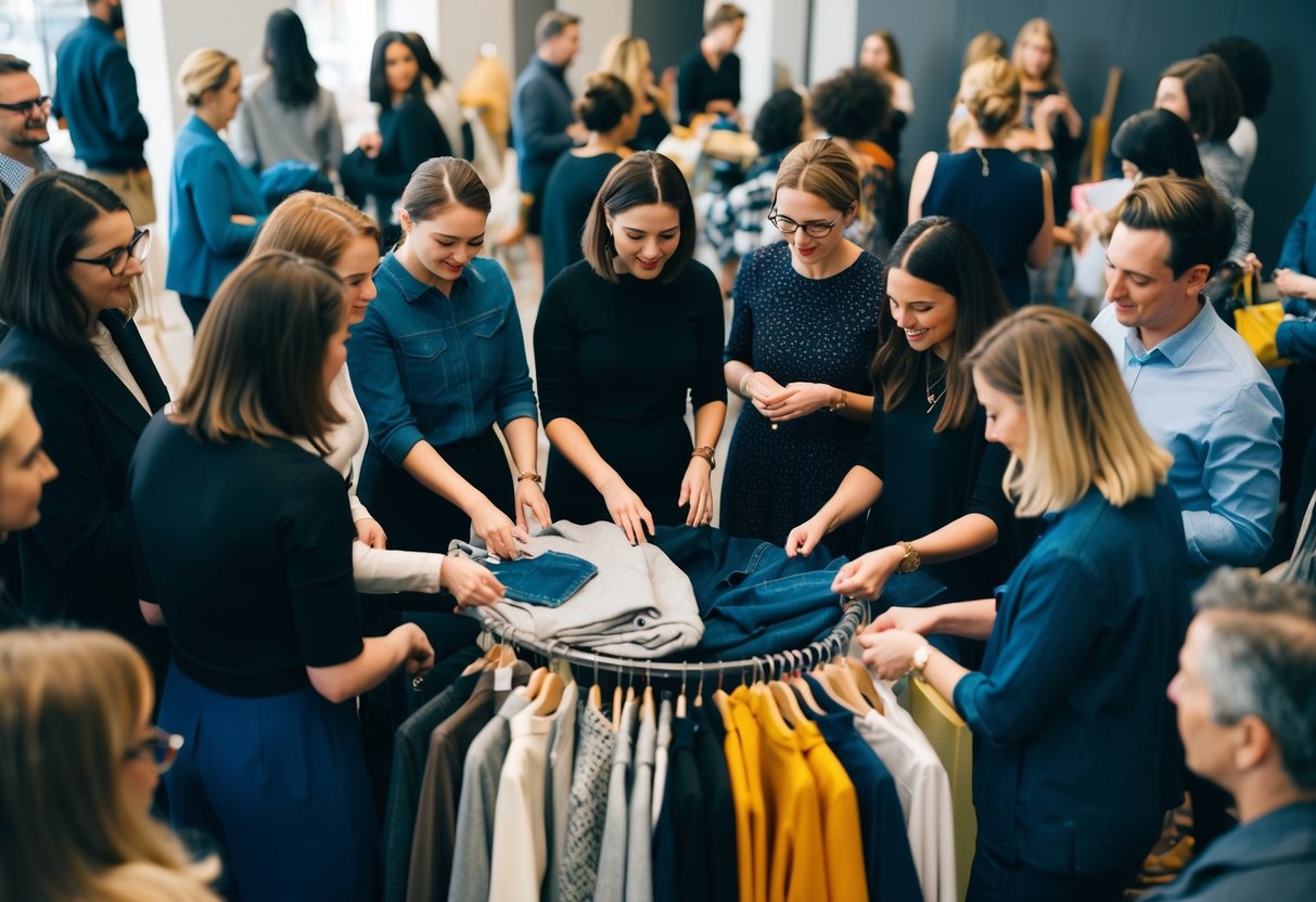 Eine Gruppe von Menschen versammelt sich bei einer Kleidertauschveranstaltung und diskutiert über das Konzept von Slow Fashion und seine Auswirkungen auf die Umwelt. Kleidungsstücke werden ausgetauscht und bewundert