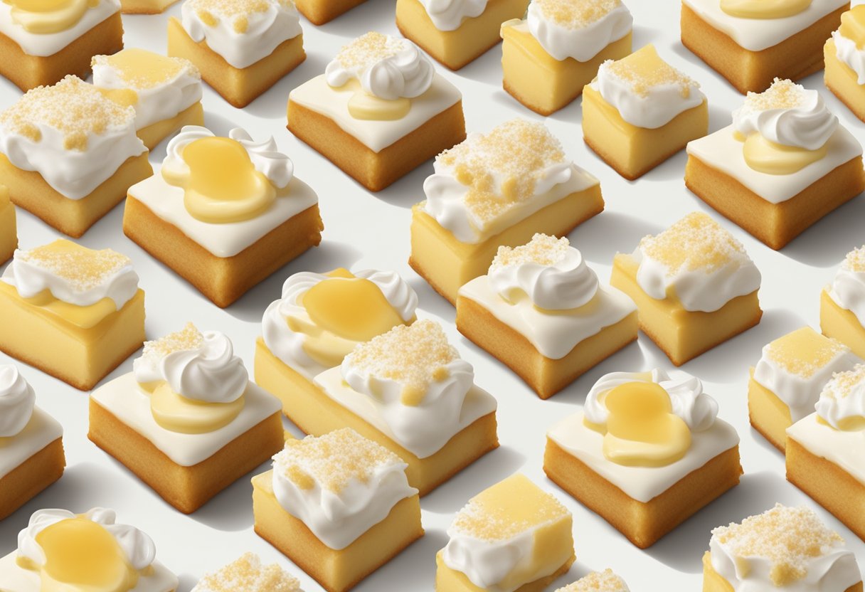 A plate of banana pudding cheesecake squares arranged in a symmetrical pattern, with a dollop of whipped cream on top of each square