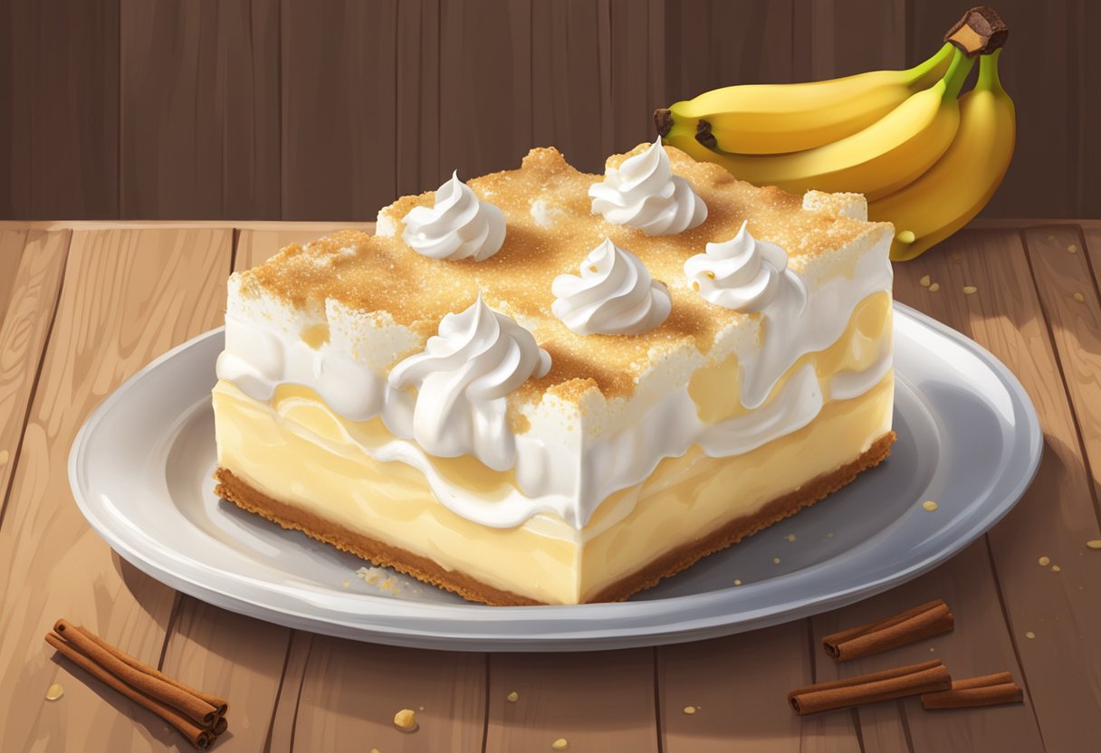 A glass dish of banana pudding cheesecake squares sits on a wooden table, with a dollop of whipped cream and a sprinkle of cinnamon on top