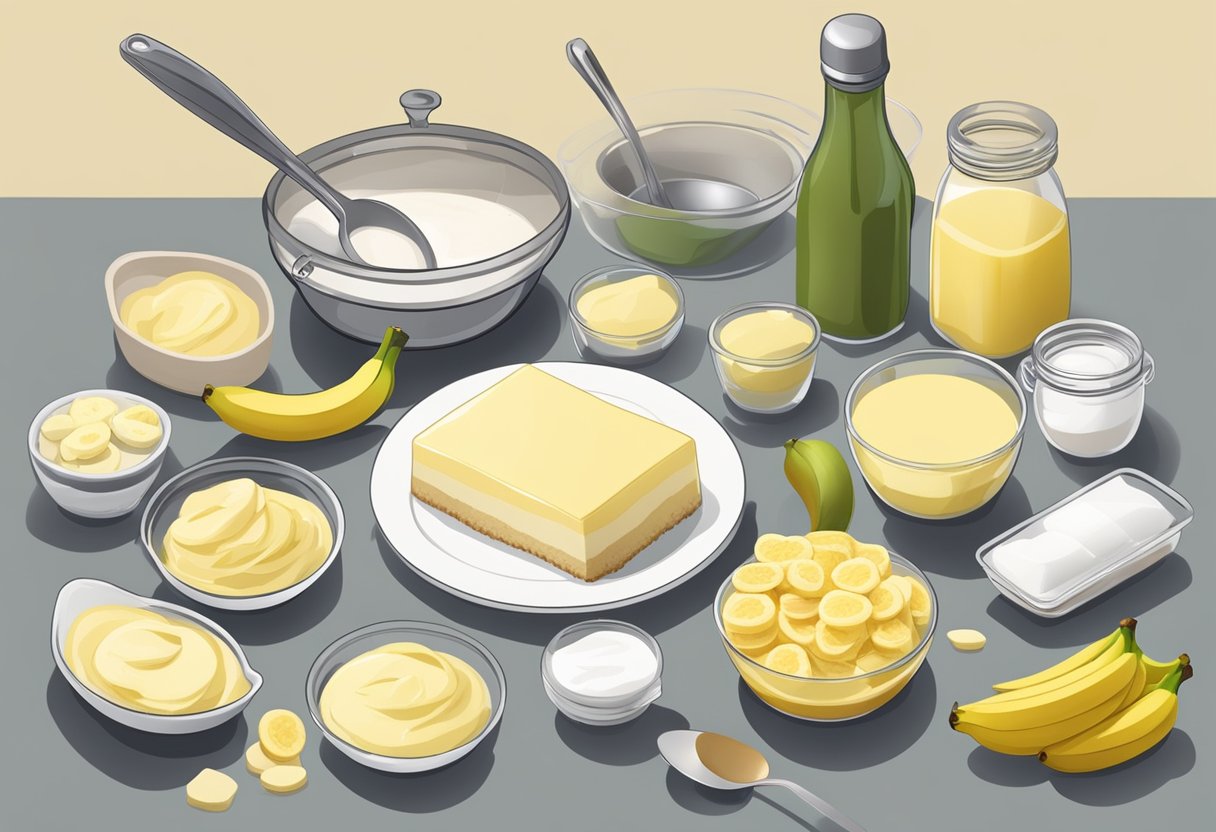 A kitchen counter with ingredients and utensils laid out for making banana pudding cheesecake squares