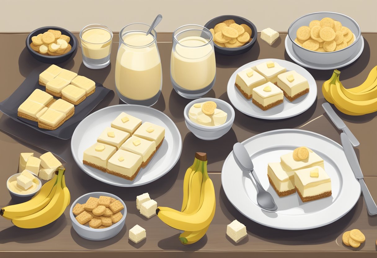 A table with a plate of banana pudding cheesecake squares, surrounded by ingredients like bananas, cream cheese, and graham crackers