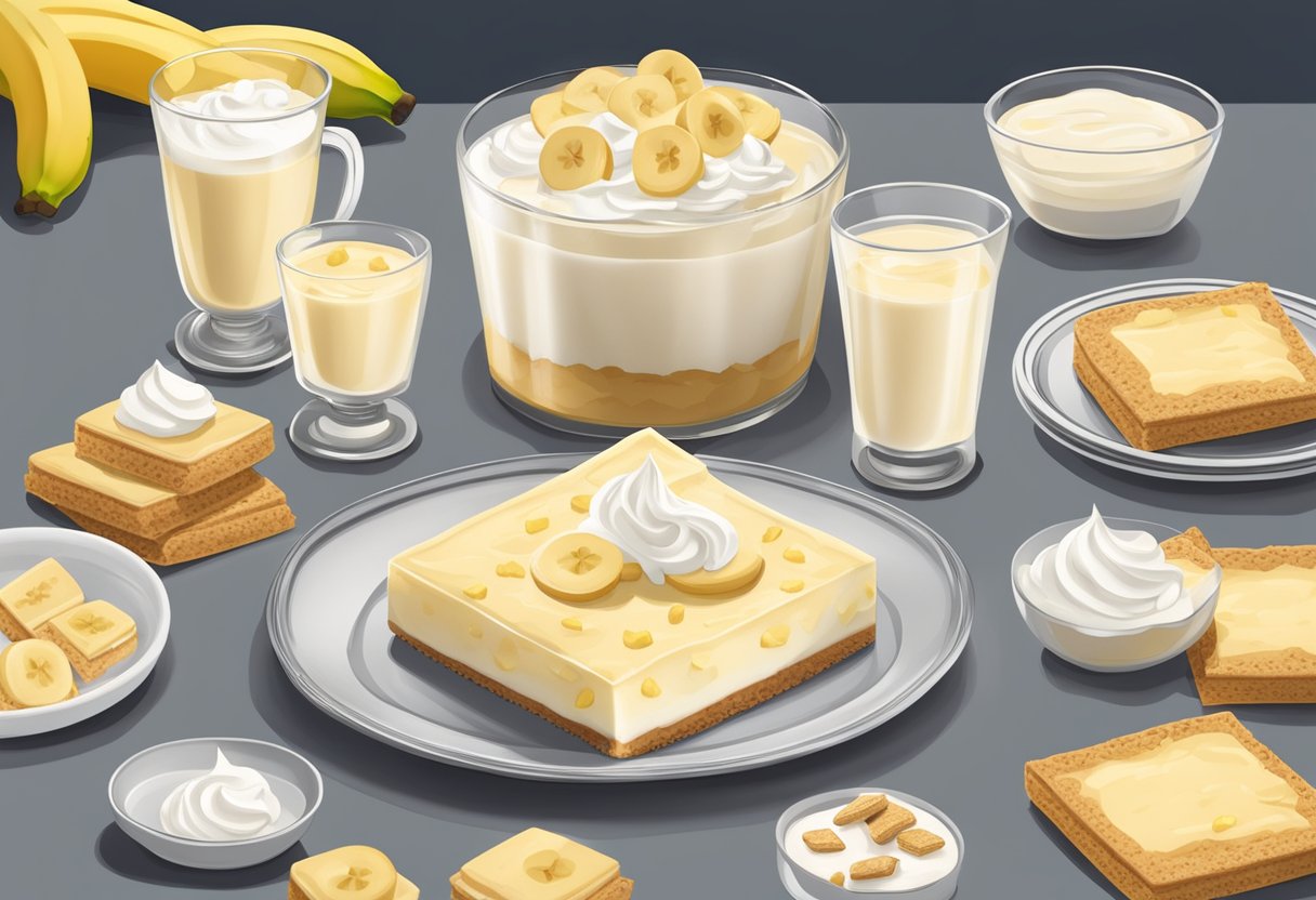 A table set with a platter of banana pudding cheesecake squares surrounded by scattered ingredients like bananas, graham crackers, and whipped cream