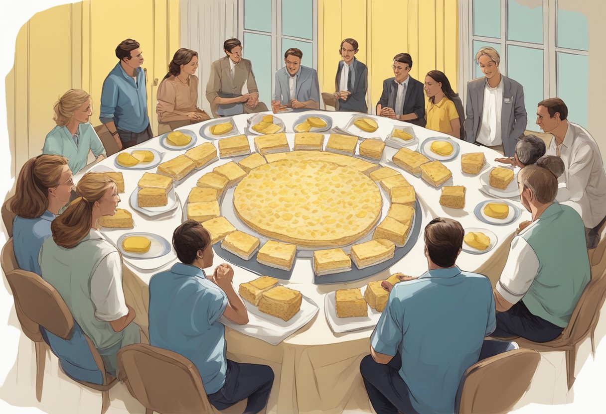 A table with a platter of banana pudding cheesecake squares surrounded by curious onlookers