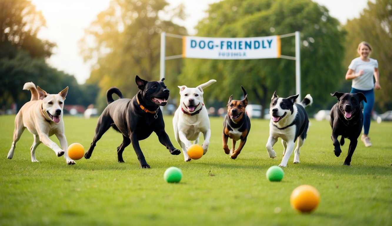 A group of diverse dogs play in a park, some fetching balls, others running and jumping. A dog-friendly banner hangs in the background