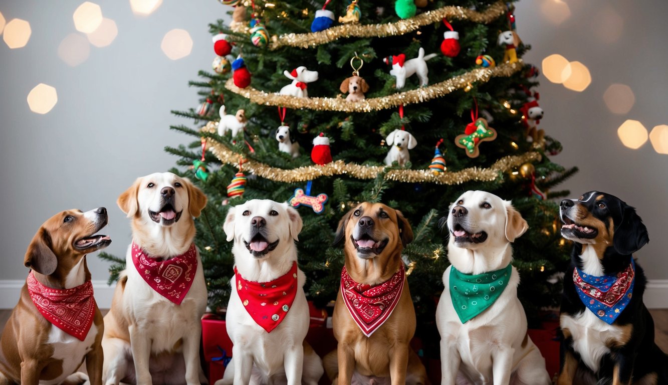 A group of dogs of various breeds are gathered around a tree, some wagging their tails and others looking up expectantly. The tree is adorned with dog toys, treats, and colorful bandanas, creating a festive atmosphere