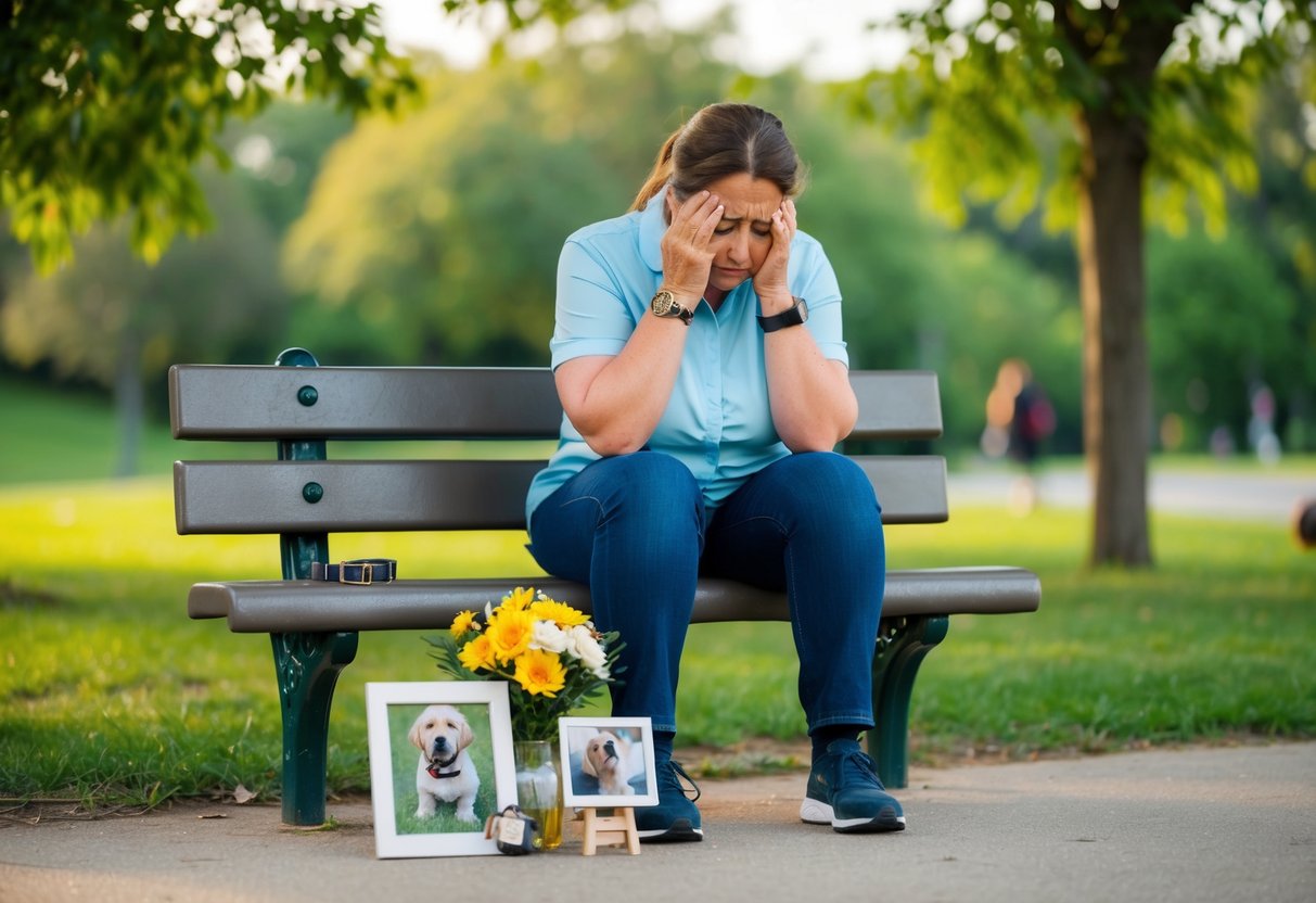 A grieving pet owner sitting on a park bench, surrounded by nature. A small pet memorial is set up with flowers, a collar, and a photo. The owner is visibly upset, with tears in their eyes