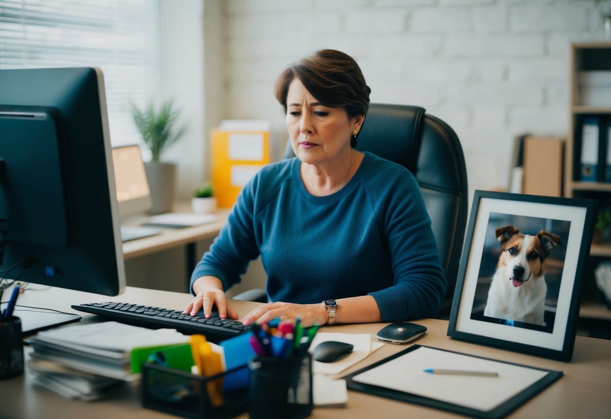 A pet owner sitting at a desk, surrounded by office supplies and a computer, with a somber expression on their face. A framed photo of their pet sits next to the computer