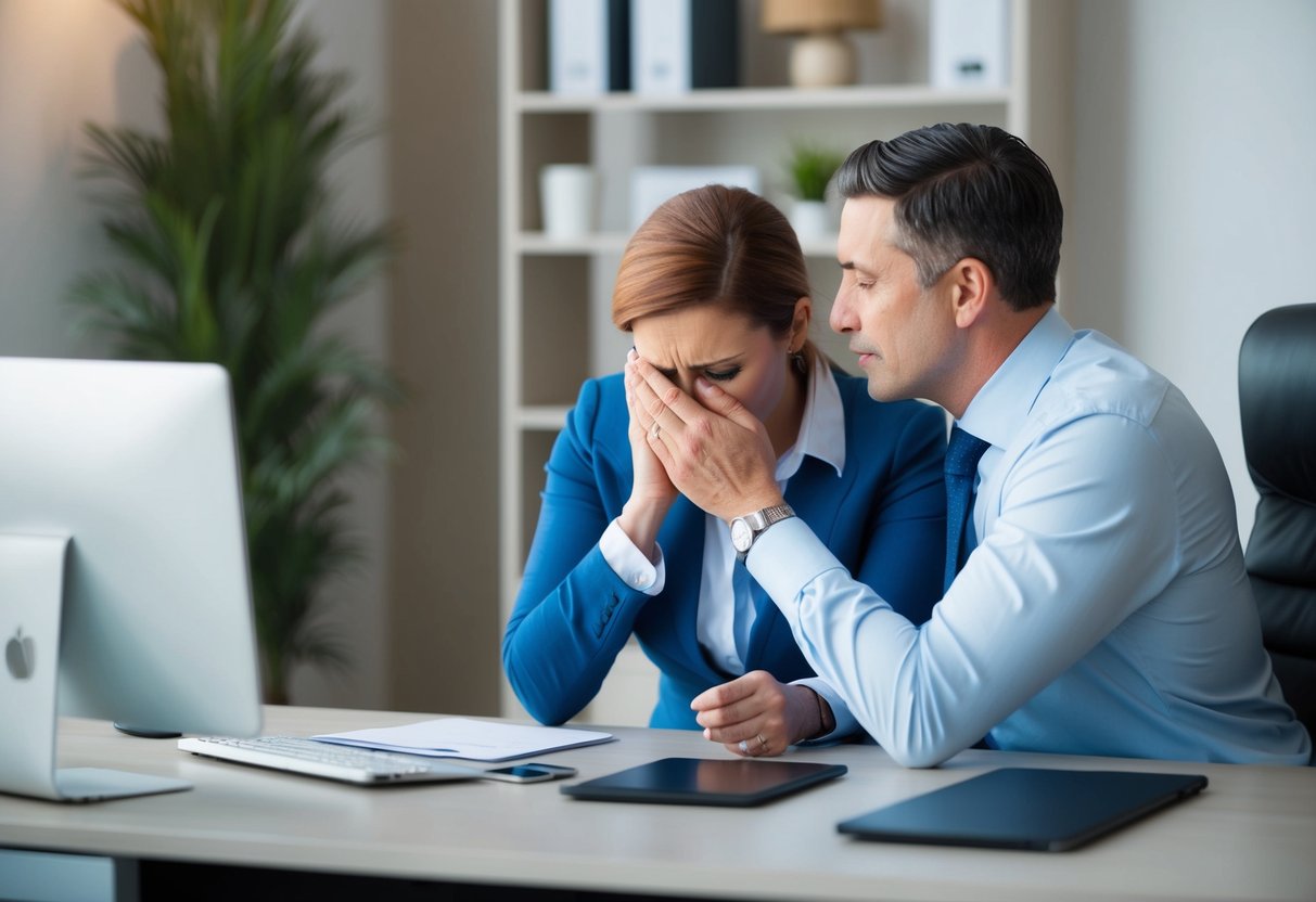 A manager sitting at a desk, comforting an employee who is visibly upset over the loss of their pet. The manager is listening attentively and offering support