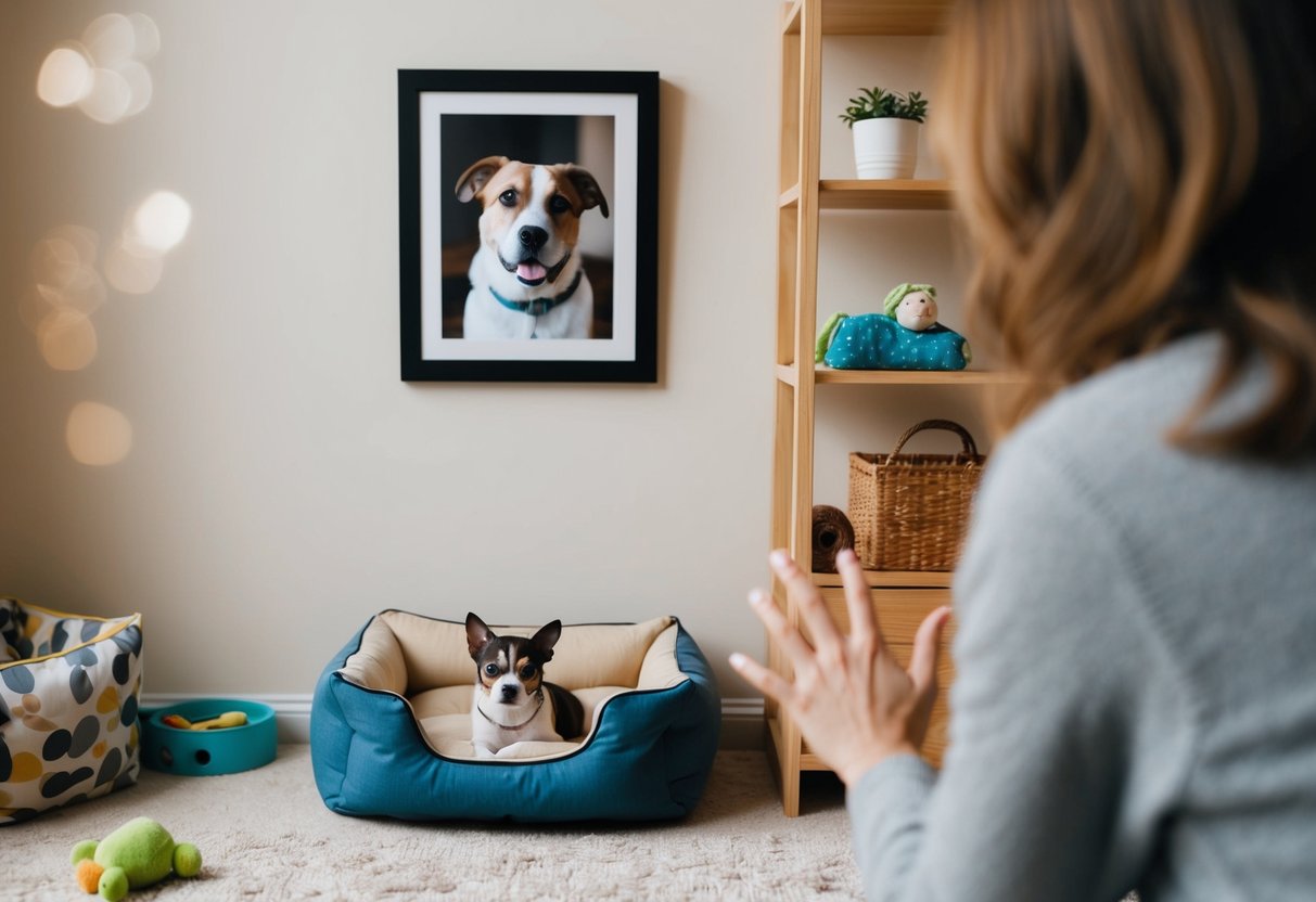 A cozy living room with a pet bed, toys, and a framed photo of a beloved pet on the wall. A person's hand reaches out to touch the photo with a look of grief on their face