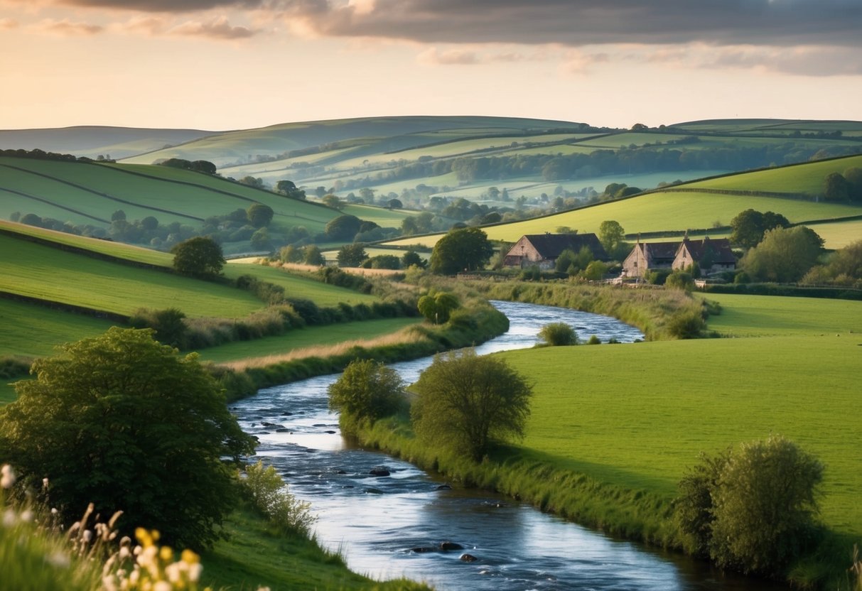 A serene countryside landscape with rolling hills, a flowing river, and a quaint village in the distance. Wildlife and flora are abundant, creating a peaceful and idyllic scene