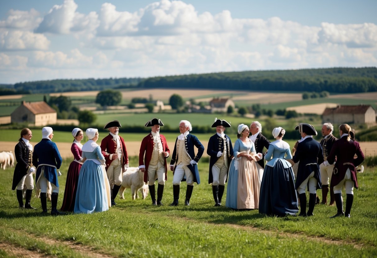 A group of people in 18th-century attire gather in a French countryside, surrounded by pastoral scenes of farms, animals, and landscapes