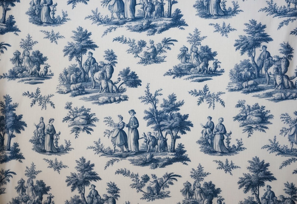 A traditional toile fabric design featuring pastoral scenes with people, animals, and nature elements in a repetitive pattern