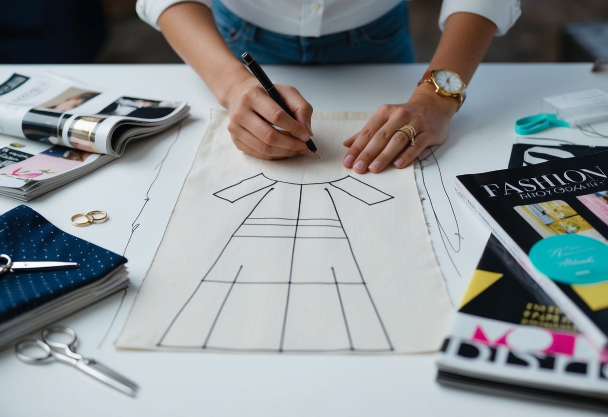 A designer sketches a toile pattern on a fabric, surrounded by fashion magazines and sewing tools