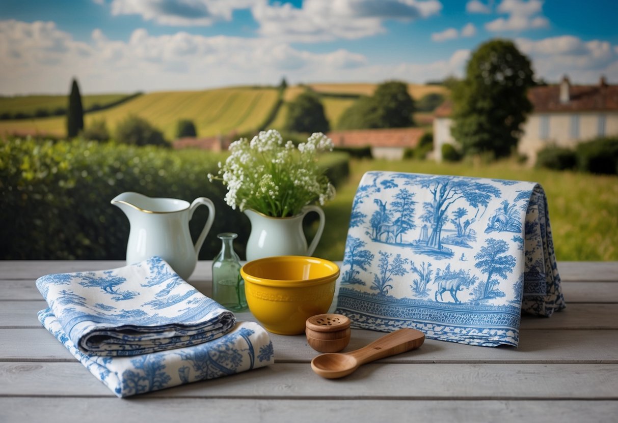 A pastoral scene with a French countryside backdrop, featuring traditional toile patterns on fabric and various everyday objects with cultural significance