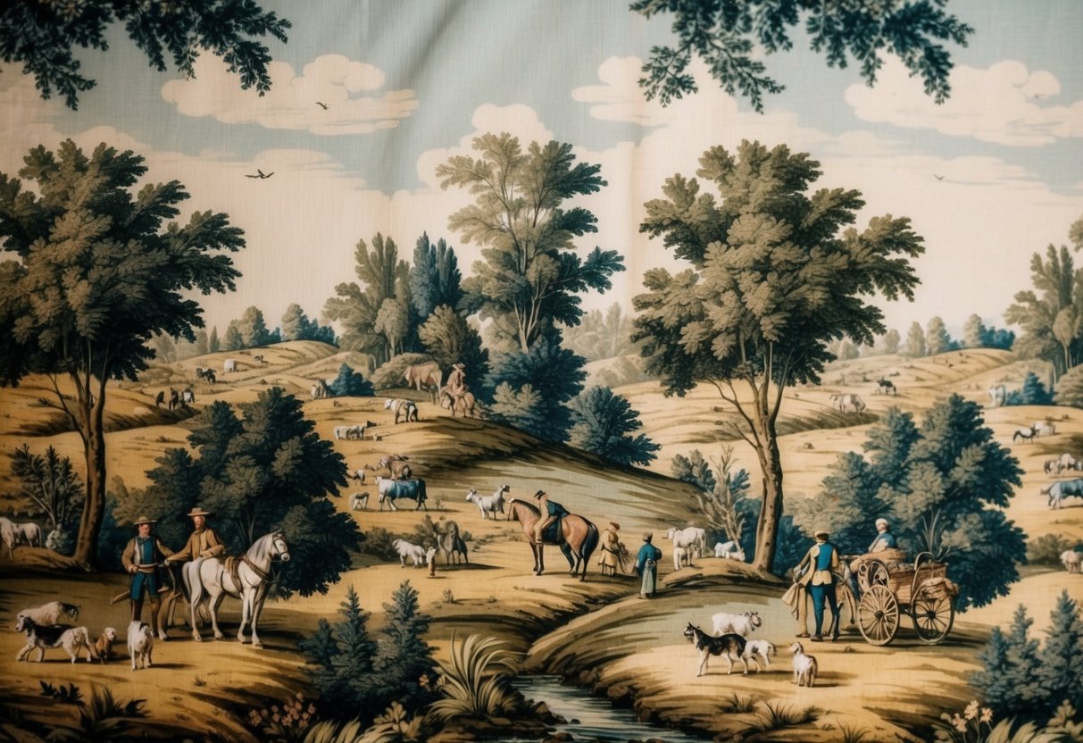 A rustic countryside scene with a traditional toile fabric pattern featuring pastoral landscapes, animals, and people engaged in daily activities. The scene should evoke a sense of timeless elegance and simplicity