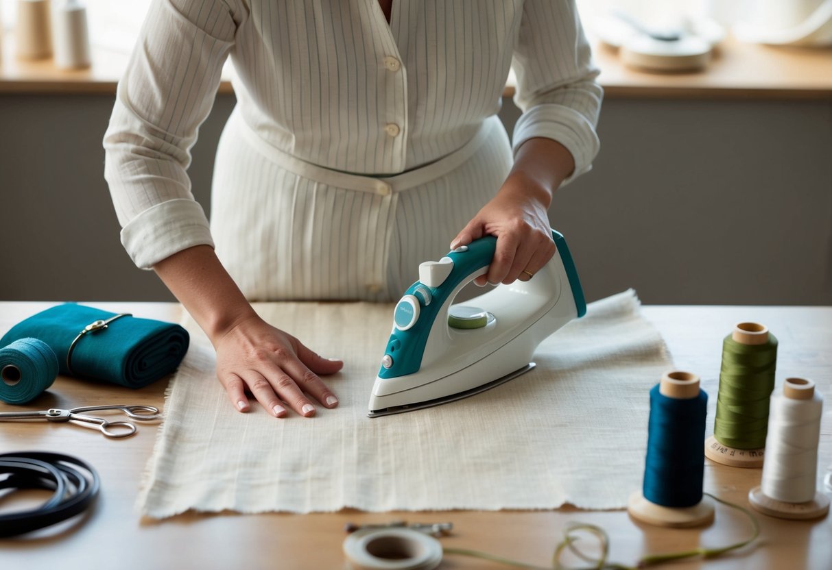 A seamstress carefully irons a delicate toile fabric, surrounded by neatly arranged sewing tools and spools of thread