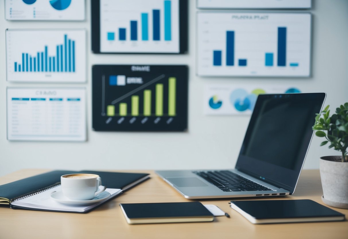 A desk with a laptop, notebook, and pen. Charts and graphs on the wall. A cup of coffee and a potted plant on the desk