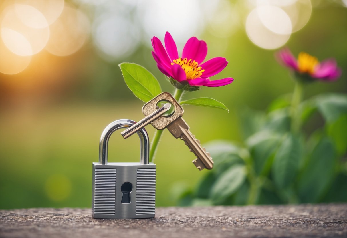 A vibrant flower blooms as a key turns in a lock, symbolizing growth and progress