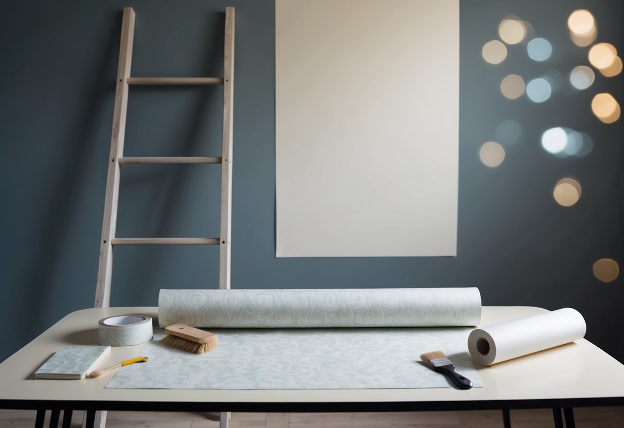 A table with wallpaper roll, brush, and adhesive. A ladder against a wall with a blank wallpaper sheet ready for hanging